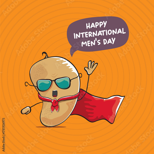 International mens day vector cartoon greeting card with funny cartoon cute brown super hero potato with red hero cape and mask on orange pattern background. Celebrating Men and Boys square banner