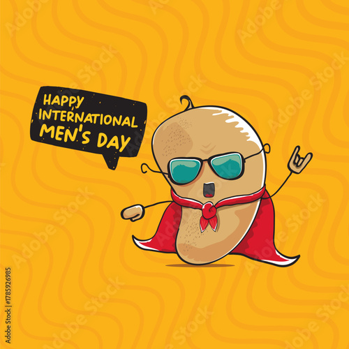 International mens day vector cartoon greeting card with funny cartoon cute brown super hero potato with red hero cape and mask on orange pattern background. Celebrating Men and Boys square banner