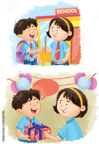 School Children Sharing a Pen and Exchanging a Gift