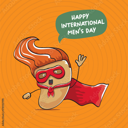 International mens day vector cartoon greeting card with funny cartoon cute brown super hero potato with red hero cape and mask on orange pattern background. Celebrating Men and Boys square banner
