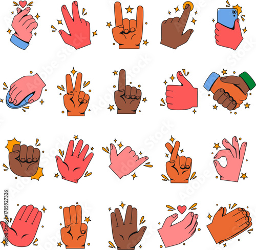 Expressive hand gesture element set. Includes of approval, peace, greeting, thumbs up, love, and More. Vector flat color collection
