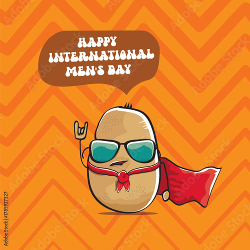 International mens day vector cartoon greeting card with funny cartoon cute brown super hero potato with red hero cape and mask on orange pattern background. Celebrating Men and Boys square banner