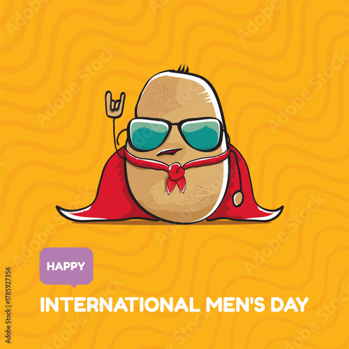 International mens day vector cartoon greeting card with funny cartoon cute brown super hero potato with red hero cape and mask on orange pattern background. Celebrating Men and Boys square banner