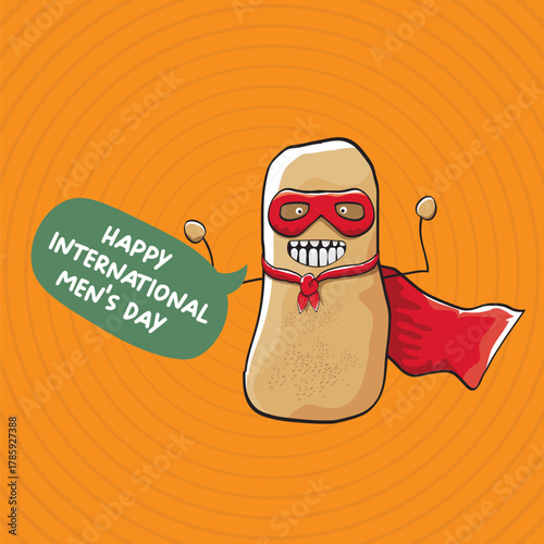 International mens day vector cartoon greeting card with funny cartoon cute brown super hero potato with red hero cape and mask on orange pattern background. Celebrating Men and Boys square banner