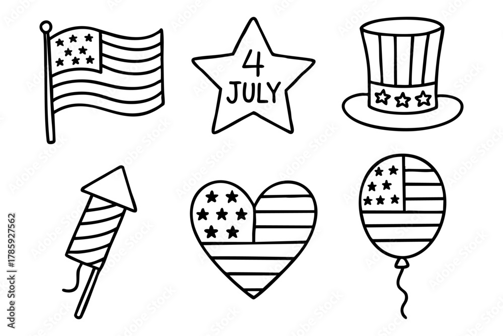 Fototapeta premium USA Independence Day icons and symbols doodle style. Vector stock illustration