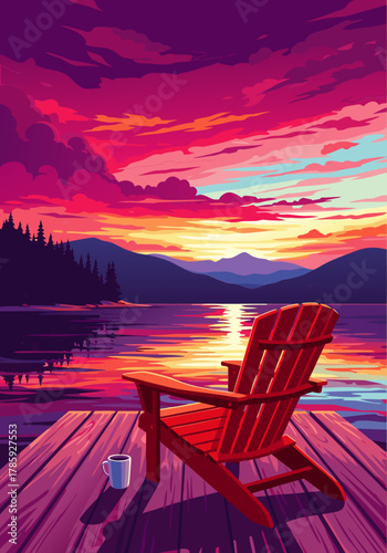Vibrant Sunset Over Calm Lake with Adirondack Chair on Dock, Inviting Serenity and Outdoor Relaxation