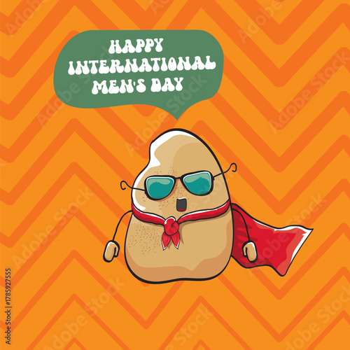 International mens day vector cartoon greeting card with funny cartoon cute brown super hero potato with red hero cape and mask on orange pattern background. Celebrating Men and Boys square banner