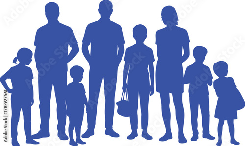 Blue Silhouette Family Group Standing Together on White Background people