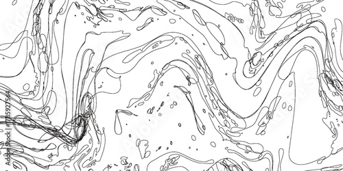 Intricate black and white abstract line art depicting swirling, fluid-like patterns and organic contours, creating a dynamic and detailed visual texture.