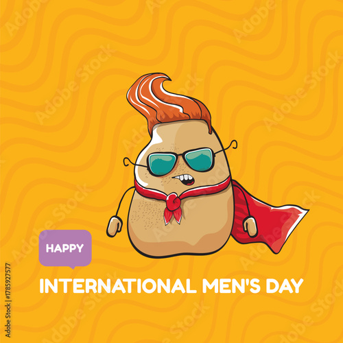 International mens day vector cartoon greeting card with funny cartoon cute brown super hero potato with red hero cape and mask on orange pattern background. Celebrating Men and Boys square banner