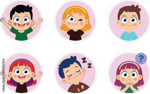 Cute cartoon kids avatar set, happy children facial expressions illustration, boy and girl emoji icons showing various emotions vector