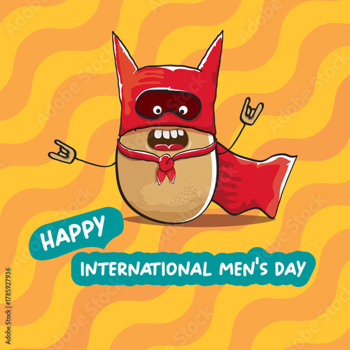 International mens day vector cartoon greeting card with funny cartoon cute brown super hero potato with red hero cape and mask on orange pattern background. Celebrating Men and Boys square banner