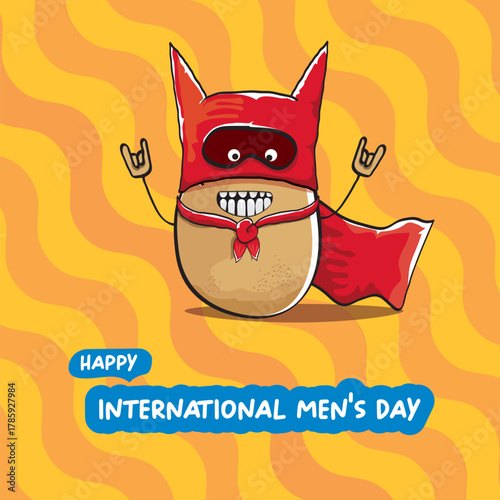 International mens day vector cartoon greeting card with funny cartoon cute brown super hero potato with red hero cape and mask on orange pattern background. Celebrating Men and Boys square banner