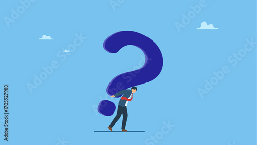 Tried businessman carrying heavy big question mark sign burden. Hard question with no answer or solution, critical business problem, doubtful or stress burden.