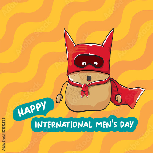 International mens day vector cartoon greeting card with funny cartoon cute brown super hero potato with red hero cape and mask on orange pattern background. Celebrating Men and Boys square banner