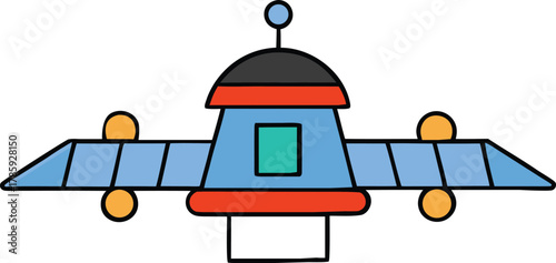 Stylized cartoon illustration of a modern space satellite with solar panels and antenna isolated on transparent background