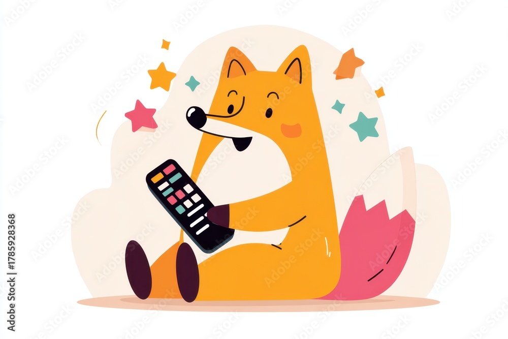 Obraz premium Cartoon Fox Using Smartphone with Stars
