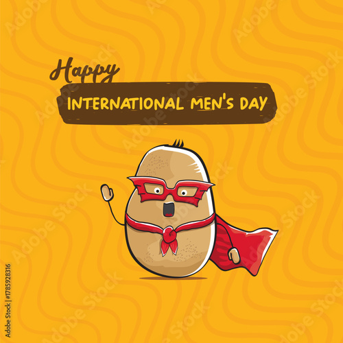 International mens day vector cartoon greeting card with funny cartoon cute brown super hero potato with red hero cape and mask on orange pattern background. Celebrating Men and Boys square banner