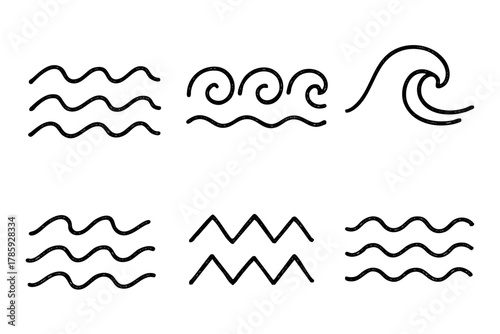 Wave icons doodle style, hand drawn. Vector stock illustration