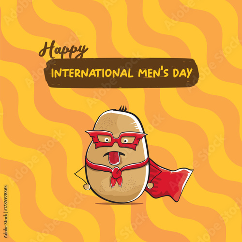 International mens day vector cartoon greeting card with funny cartoon cute brown super hero potato with red hero cape and mask on orange pattern background. Celebrating Men and Boys square banner