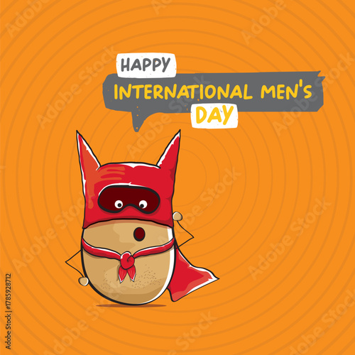International mens day vector cartoon greeting card with funny cartoon cute brown super hero potato with red hero cape and mask on orange pattern background. Celebrating Men and Boys square banner