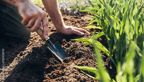 Gardening and planting in the soil with a trowel, close-up of hands working the earth