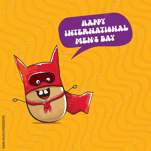 International mens day vector cartoon greeting card with funny cartoon cute brown super hero potato with red hero cape and mask on orange pattern background. Celebrating Men and Boys square banner