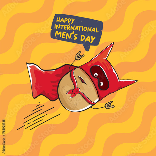 International mens day vector cartoon greeting card with funny cartoon cute brown super hero potato with red hero cape and mask on orange pattern background. Celebrating Men and Boys square banner