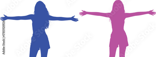 Two women silhouettes with arms outstretched on white background open arms welcome
