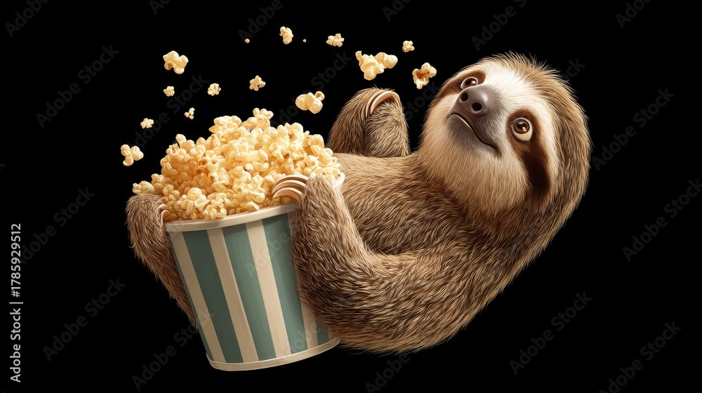 Fototapeta premium Happy sloth enjoying popcorn
