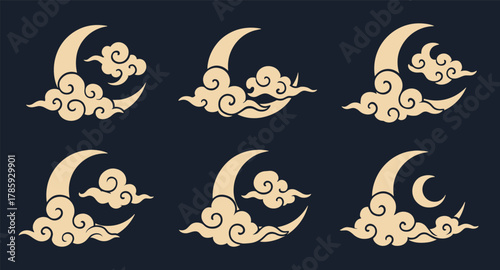 Golden crescent moons with clouds in classic oriental style. Elegant harmony of night and serenity. Perfect for mystical or cultural decorative