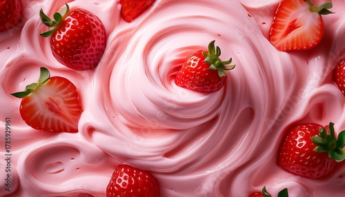 The texture of creamy strawberry ice cream or yogurt from above is perfect for summertime meals.
