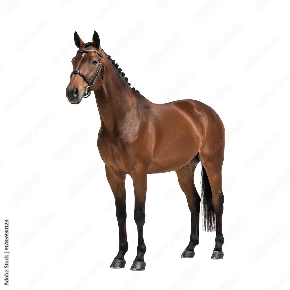 Obraz premium Brown Horse Standing Gracefully With Braided Mane and Bridle Against Black Background