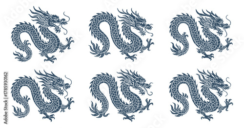 Mythical dragons with intricate scales and strong movement. Classic Asian style creatures with detailed textures. Symbol of power, wisdom, and energy