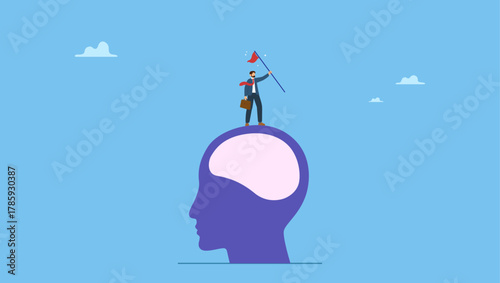 Success businessman climbing on top of his mind holding winning flag for business goal. Success mindset, mentor or inspiration to succeed in work or business, growth and career development.