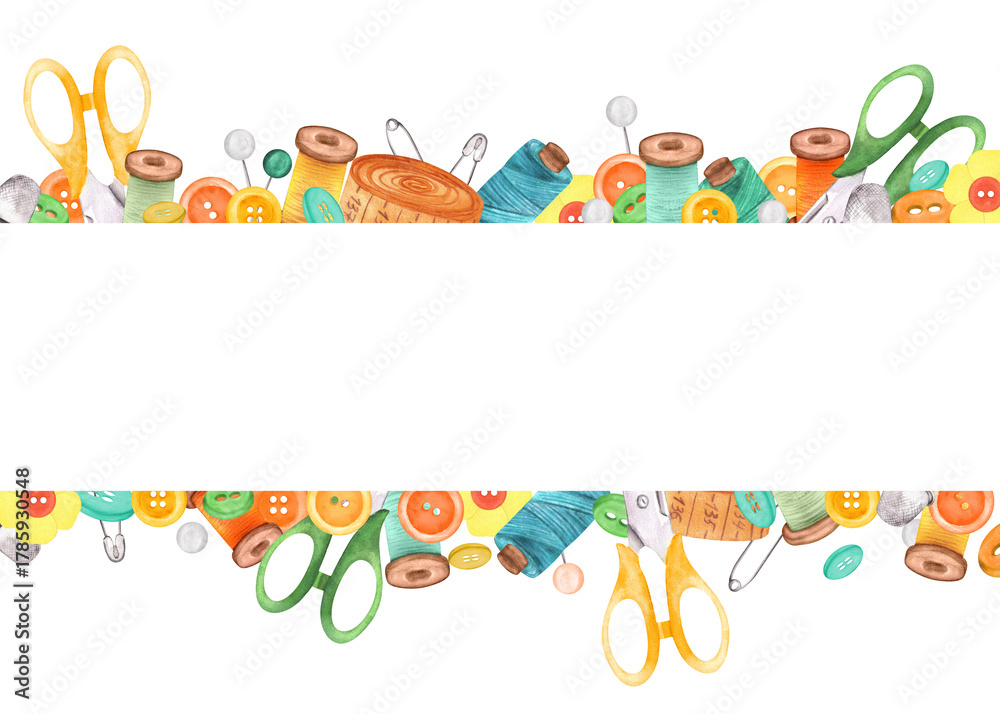 Fototapeta premium Two borders of sewing items with copy space in the middle. Sewing threads, scissors, buttons, needles, pins. Rectangle design. Hand-drawn watercolor illustrations for sewing, crafting-themed design