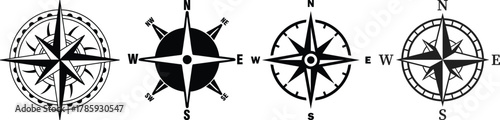 Compass icon set.Compass icon for navigation and travel direction themes.Arrow compass icon sign and symbol.Comoass direction arrow icon or map N sign navigation GPS symbol stock illustration.