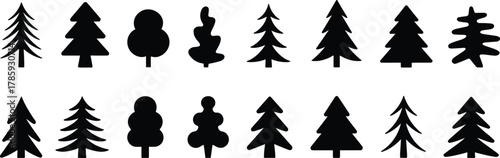 Tree silhouette collection, black vector trees, coniferous and deciduous icons, forest shapes, nature design elements, botanical graphic illustration