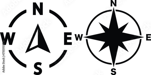 Compass icon set.Compass icon for navigation and travel direction themes.Arrow compass icon sign and symbol.Comoass direction arrow icon or map N sign navigation GPS symbol stock illustration.