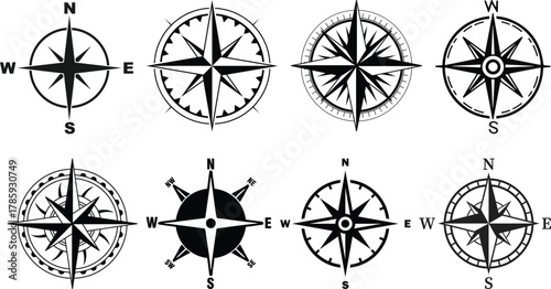 Compass icon set.Compass icon for navigation and travel direction themes.Arrow compass icon sign and symbol.Comoass direction arrow icon or map N sign navigation GPS symbol stock illustration.
