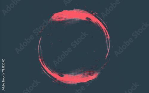 Circular Halftone Pattern Concentric Circles Frame Vector Red Black Colour Abstract Background. Mod Minimalist Art Half Tone Graphics Rippled Structure. Retro Futurism Technology Art Illustration