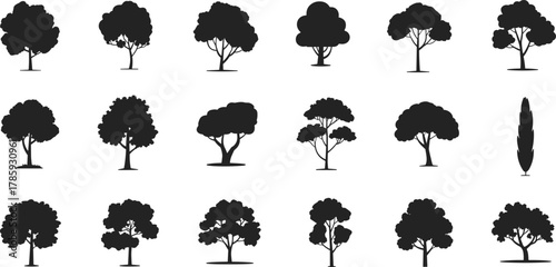 Tree silhouette set, black tree icons, forest shapes, botanical graphics, nature elements, seasonal trees, vector foliage, landscape design assets