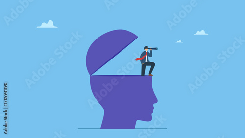 Smart businessman with telescope open his head above cloud storm for clear vision. Clear business vision to see future opportunity, challenge to overcome difficulty to see real visionary.