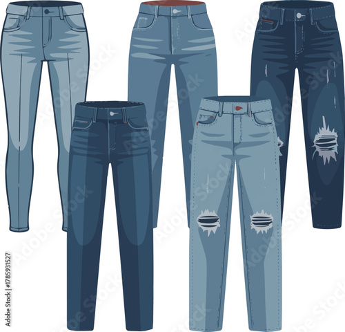  Create a kinds of deferent modern jeans pant vector art with white background.