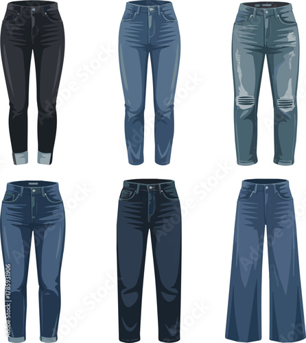  Create a kinds of deferent modern jeans pant vector art with white background.