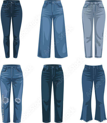  Create a kinds of deferent modern jeans pant vector art with white background.