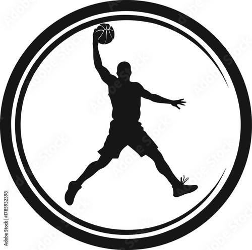 Basketball dunk icon vector—stylized airborne player silhouette with concentric rings for sports branding and athletic motion visuals