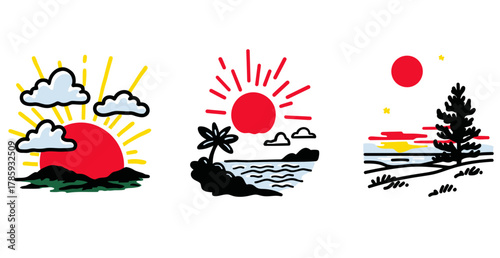 Three stylized red sun illustrations with landscapes