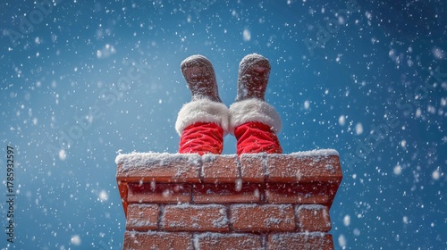 Merry Christmas xmas holiday celebration background, funny greeting card - Santa Claus with his head stuck in the chimney and his black boots pointing toward the blue sky with snow snowflakes