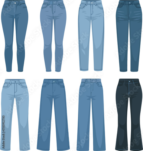 Create a kinds of deferent modern women jeans pant vector art with white background.